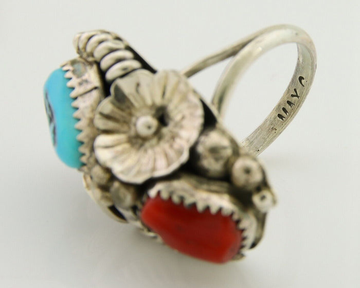 Navajo Handmade Ring 925 Silver Coral & Turquoise Signed Circle Max C.80's
