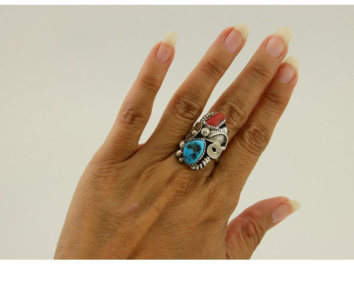 Navajo Handmade Ring 925 Silver Coral & Turquoise Signed Circle Max C.80's