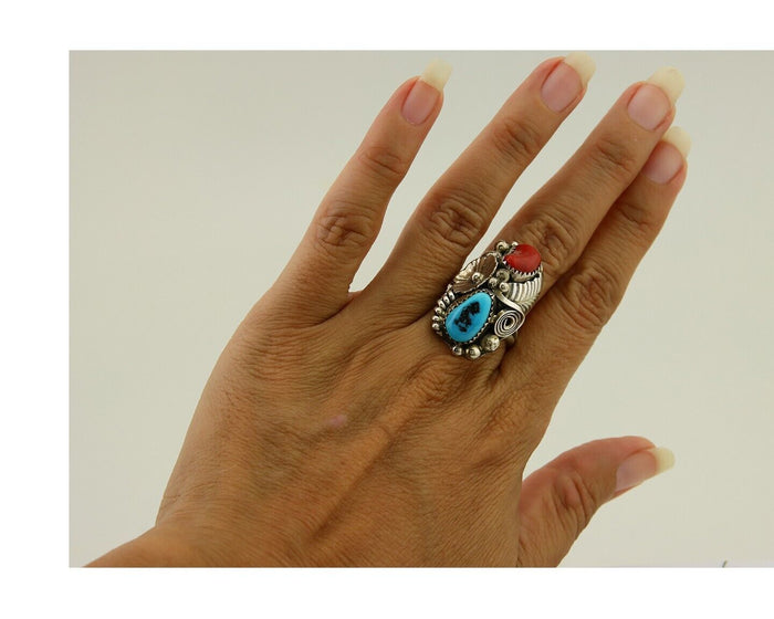 Navajo Handmade Ring 925 Silver Coral & Turquoise Signed Circle Max C.80's