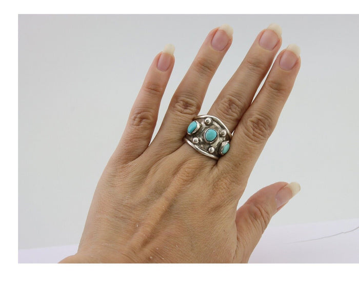 Navajo Handmade Ring 925 Silver Natural Turquoise Native Artist C.80's