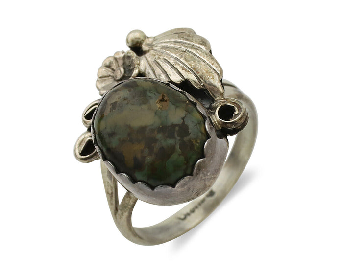 Navajo Ring .925 Silver Army Green Turquoise Native American Artist C.1980's