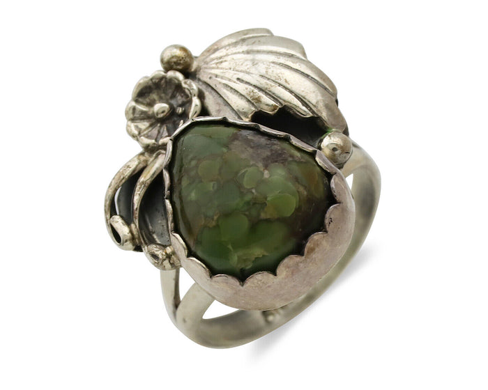 Navajo Ring .925 Silver Army Green Turquoise Native American Artist C.1980's