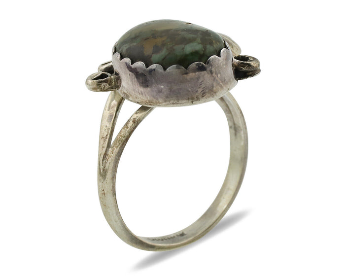 Navajo Ring .925 Silver Army Green Turquoise Native American Artist C.1980's