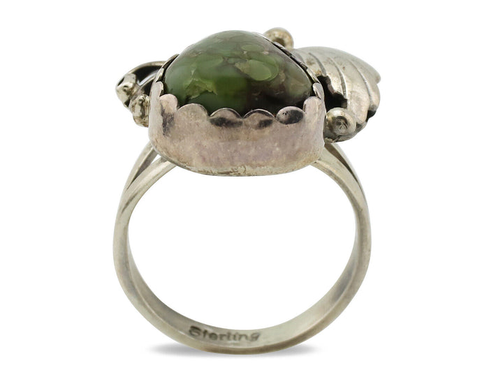 Navajo Ring .925 Silver Army Green Turquoise Native American Artist C.1980's