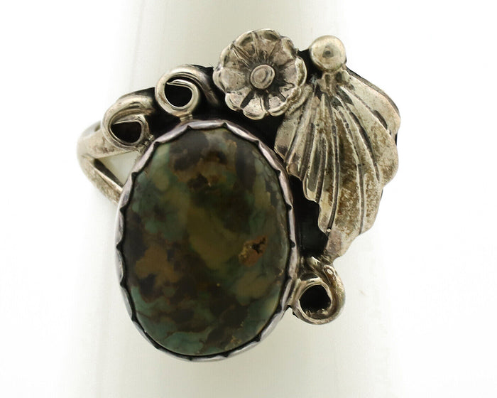 Navajo Ring .925 Silver Army Green Turquoise Native American Artist C.1980's