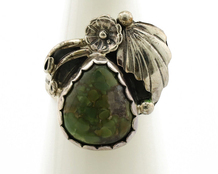 Navajo Ring .925 Silver Army Green Turquoise Native American Artist C.1980's