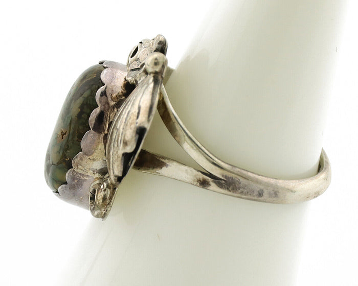 Navajo Ring .925 Silver Army Green Turquoise Native American Artist C.1980's