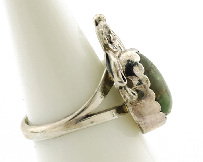 Navajo Ring .925 Silver Army Green Turquoise Native American Artist C.1980's