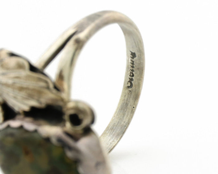 Navajo Ring .925 Silver Army Green Turquoise Native American Artist C.1980's