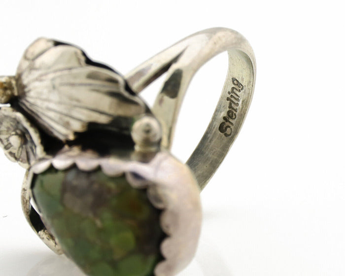 Navajo Ring .925 Silver Army Green Turquoise Native American Artist C.1980's