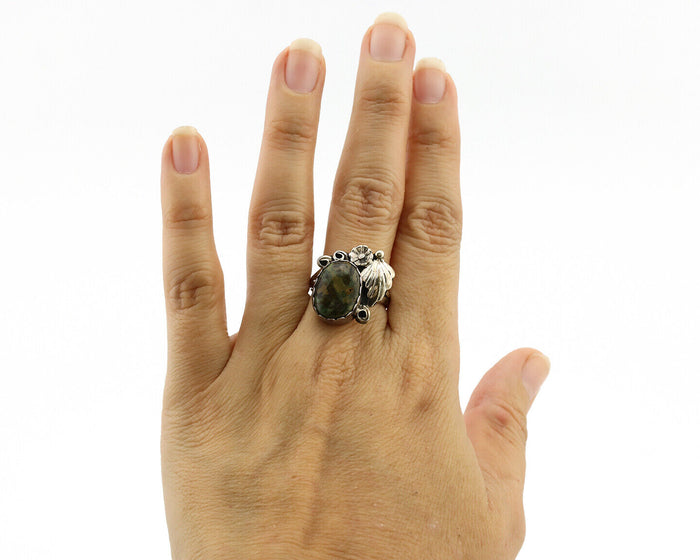 Navajo Ring .925 Silver Army Green Turquoise Native American Artist C.1980's