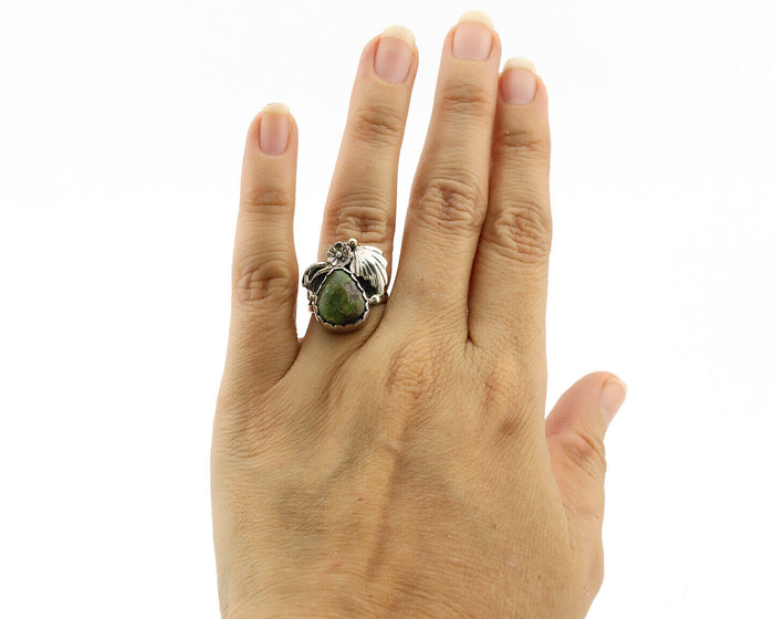 Navajo Ring .925 Silver Army Green Turquoise Native American Artist C.1980's