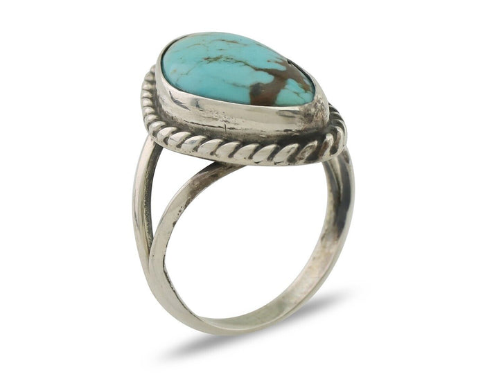Navajo Ring 925 Silver Blue Gem Turquoise Artist Signed Rabbit Stick C.80's