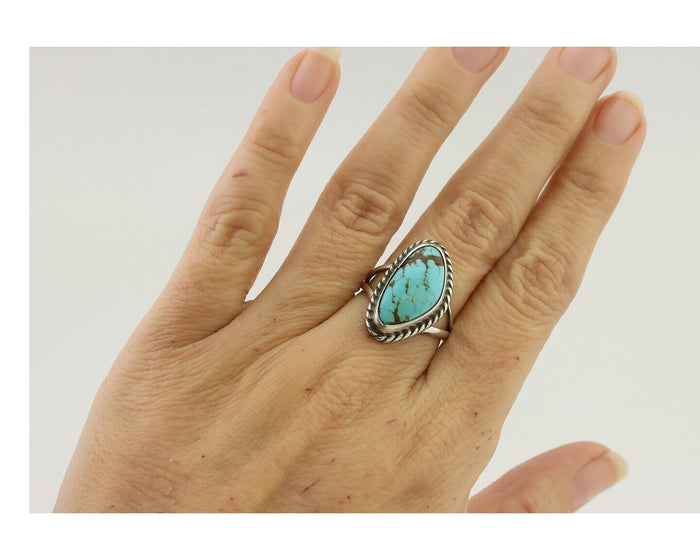 Navajo Ring 925 Silver Blue Gem Turquoise Artist Signed Rabbit Stick C.80's