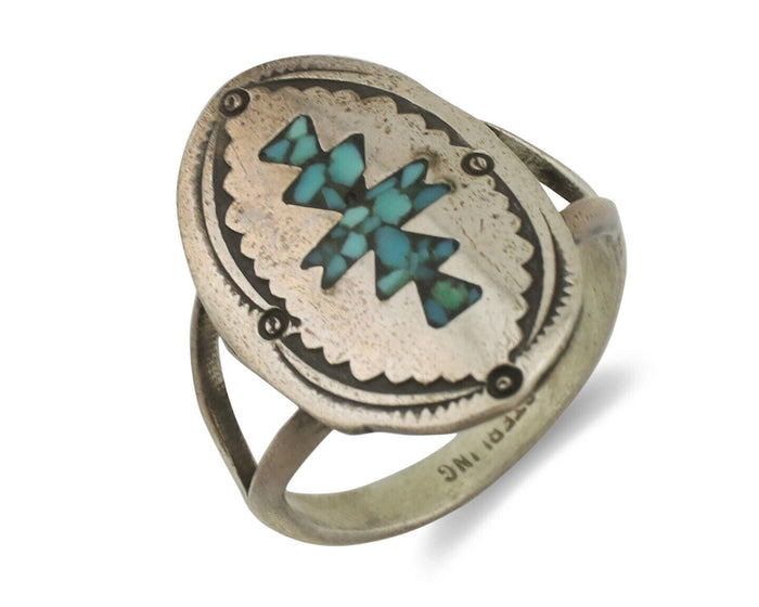 Navajo Ring 925 Silver Chip Inlay Turquoise Artist Signed NAKAI C.80's