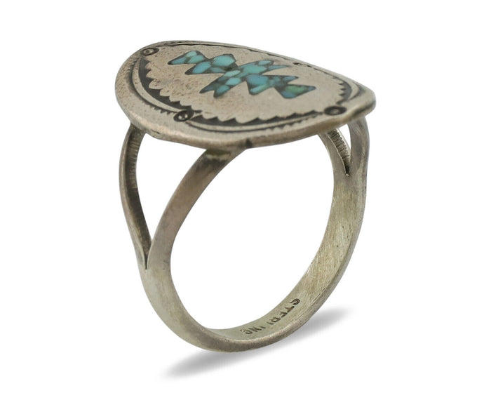 Navajo Ring 925 Silver Chip Inlay Turquoise Artist Signed NAKAI C.80's