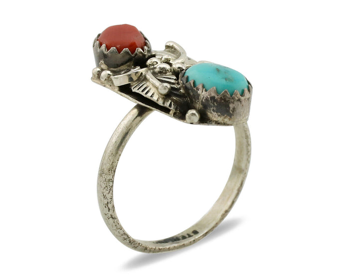 Navajo Ring 925 Silver Coral & Turquoise Handmade Native American Artist C.1980s