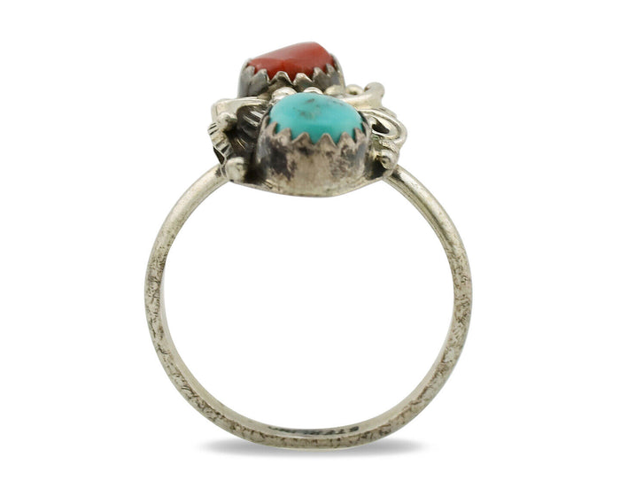 Navajo Ring 925 Silver Coral & Turquoise Handmade Native American Artist C.1980s