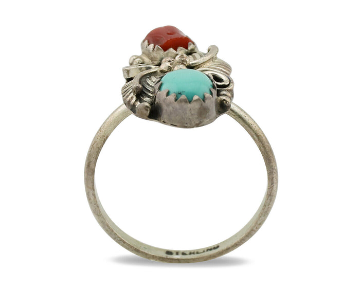 Navajo Ring 925 Silver Coral & Turquoise Handmade Native American Artist C.1980s