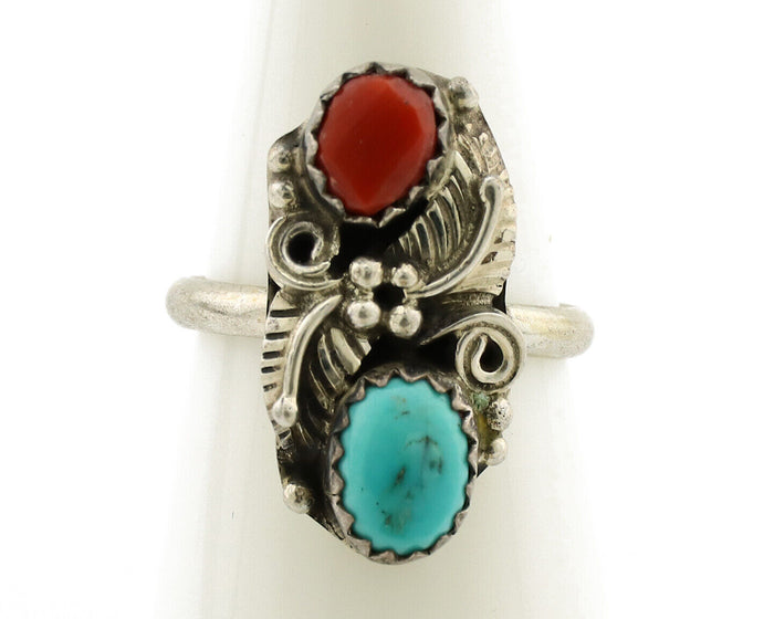 Navajo Ring 925 Silver Coral & Turquoise Handmade Native American Artist C.1980s
