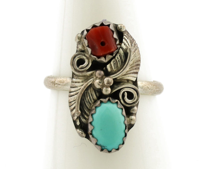 Navajo Ring 925 Silver Coral & Turquoise Handmade Native American Artist C.1980s