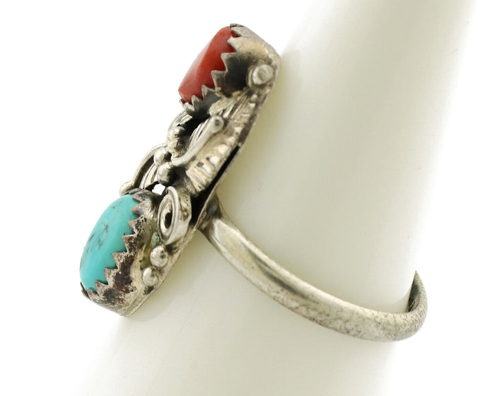 Navajo Ring 925 Silver Coral & Turquoise Handmade Native American Artist C.1980s