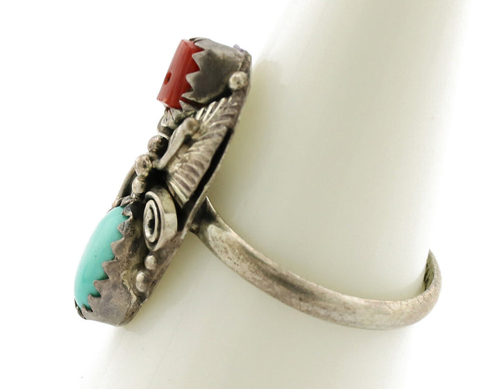 Navajo Ring 925 Silver Coral & Turquoise Handmade Native American Artist C.1980s