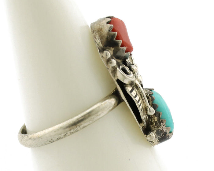 Navajo Ring 925 Silver Coral & Turquoise Handmade Native American Artist C.1980s