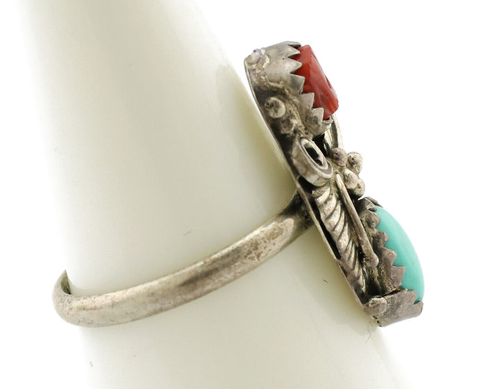 Navajo Ring 925 Silver Coral & Turquoise Handmade Native American Artist C.1980s