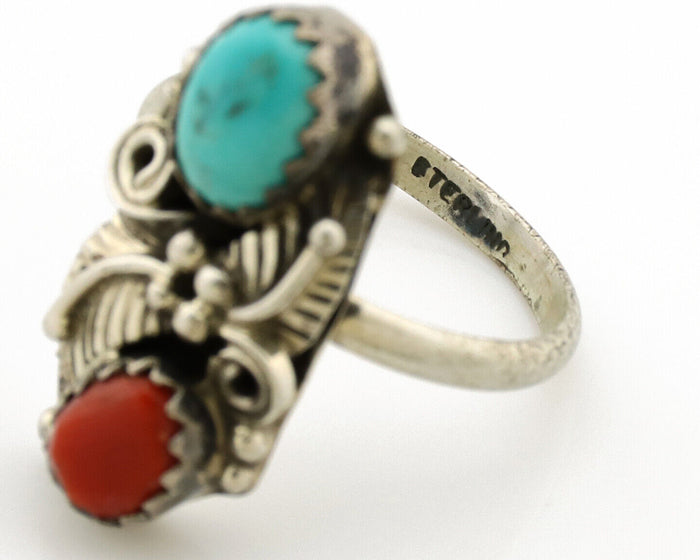 Navajo Ring 925 Silver Coral & Turquoise Handmade Native American Artist C.1980s