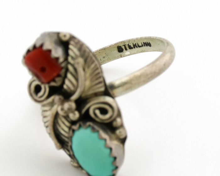 Navajo Ring 925 Silver Coral & Turquoise Handmade Native American Artist C.1980s