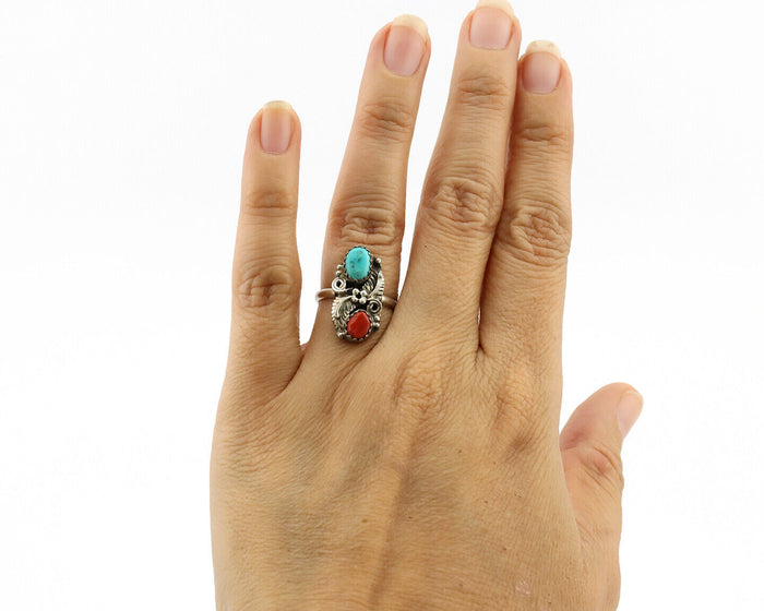 Navajo Ring 925 Silver Coral & Turquoise Handmade Native American Artist C.1980s