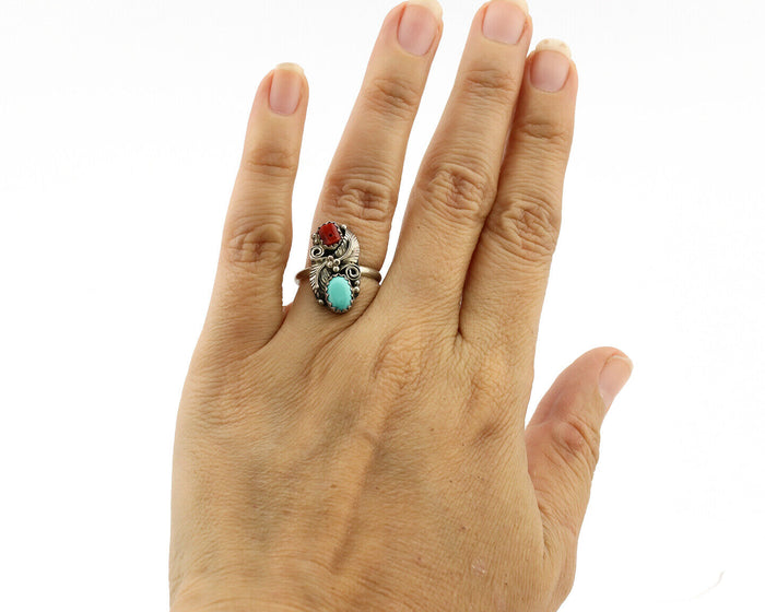 Navajo Ring 925 Silver Coral & Turquoise Handmade Native American Artist C.1980s