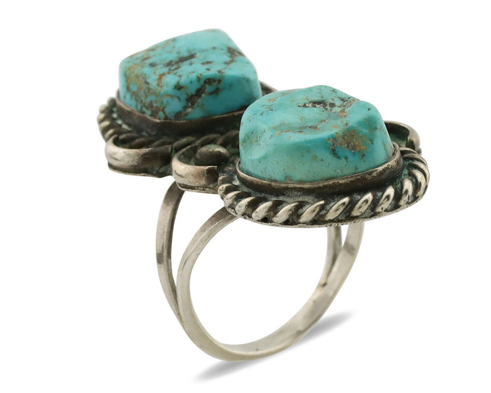 Navajo Ring .925 Silver Globe Turquoise Hand Stamped Native American Artist C80s