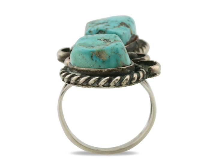 Navajo Ring .925 Silver Globe Turquoise Hand Stamped Native American Artist C80s