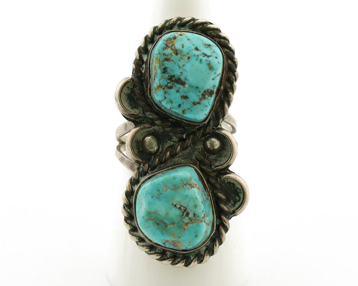 Navajo Ring .925 Silver Globe Turquoise Hand Stamped Native American Artist C80s