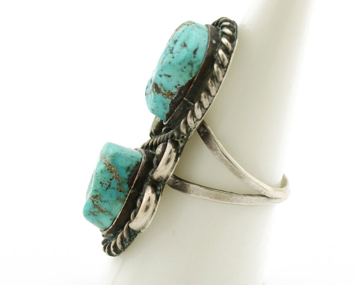 Navajo Ring .925 Silver Globe Turquoise Hand Stamped Native American Artist C80s