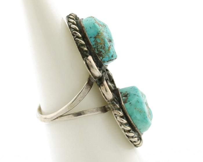 Navajo Ring .925 Silver Globe Turquoise Hand Stamped Native American Artist C80s