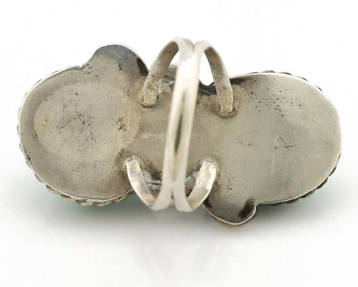 Navajo Ring .925 Silver Globe Turquoise Hand Stamped Native American Artist C80s