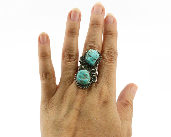 Navajo Ring .925 Silver Globe Turquoise Hand Stamped Native American Artist C80s