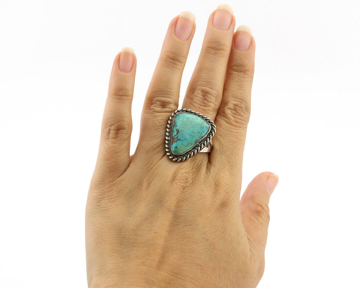 Navajo Ring .925 Silver Globe Turquoise Native American Artist C.1980's