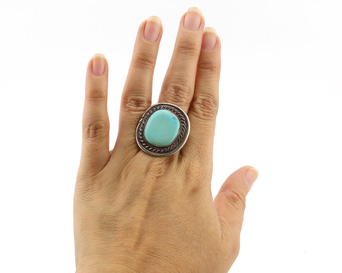 Navajo Ring .925 Silver Globe Turquoise Native American Artist C.1980's