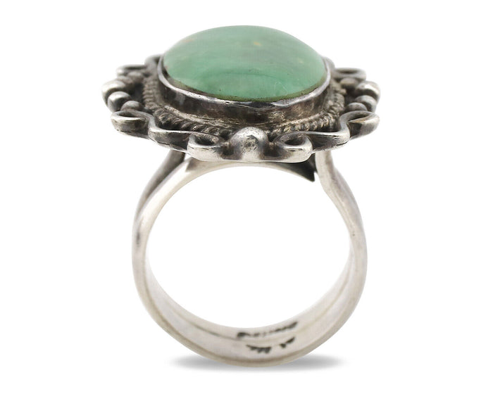 Navajo Ring .925 Silver Green Turquoise Signed By Native C.1980's