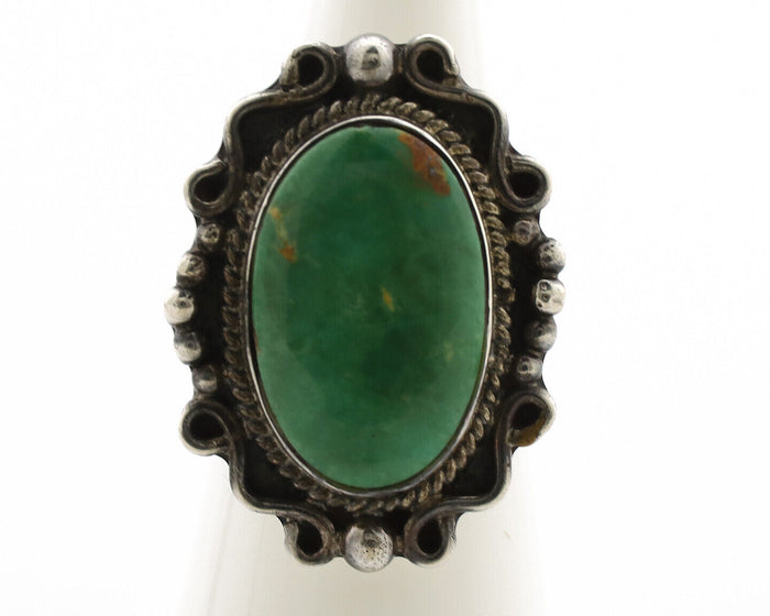 Navajo Ring .925 Silver Green Turquoise Signed By Native C.1980's