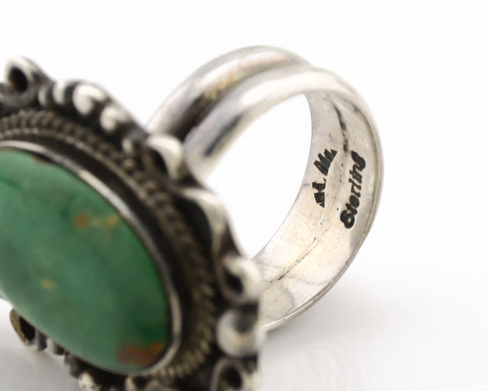 Navajo Ring .925 Silver Green Turquoise Signed By Native C.1980's