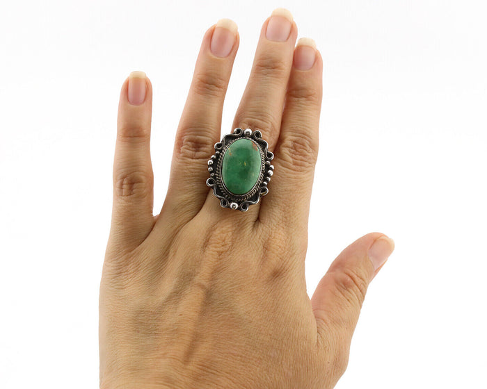 Navajo Ring .925 Silver Green Turquoise Signed By Native C.1980's