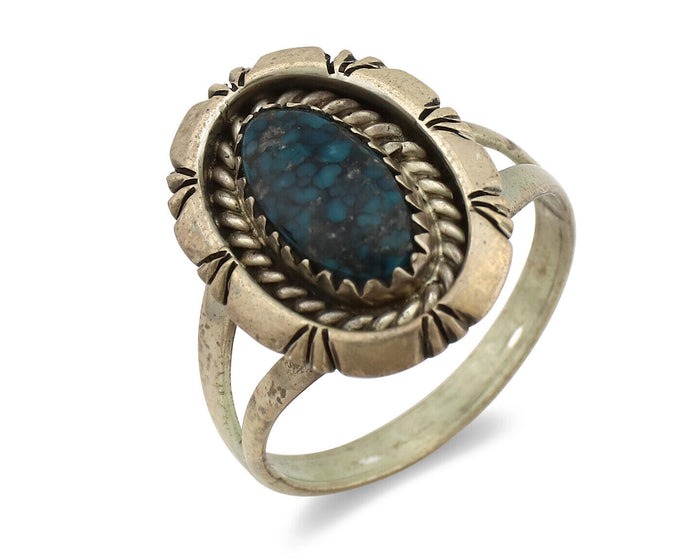Navajo Ring 925 Silver Natural Black Spiderweb Turquoise Native Artist C.80's