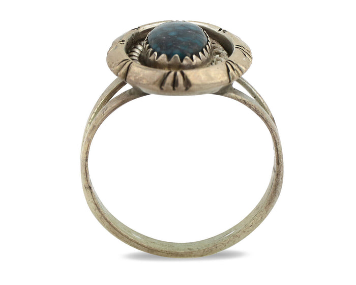 Navajo Ring 925 Silver Natural Black Spiderweb Turquoise Native Artist C.80's