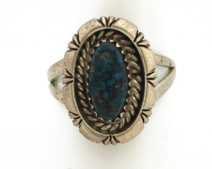 Navajo Ring 925 Silver Natural Black Spiderweb Turquoise Native Artist C.80's