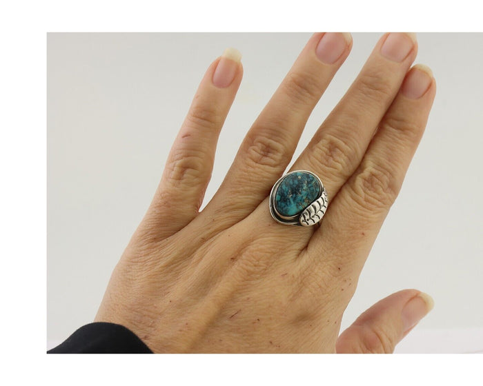 Navajo Ring 925 Silver Natural Blue Turquoise Native Artist Signed G.C. 01 C.80s